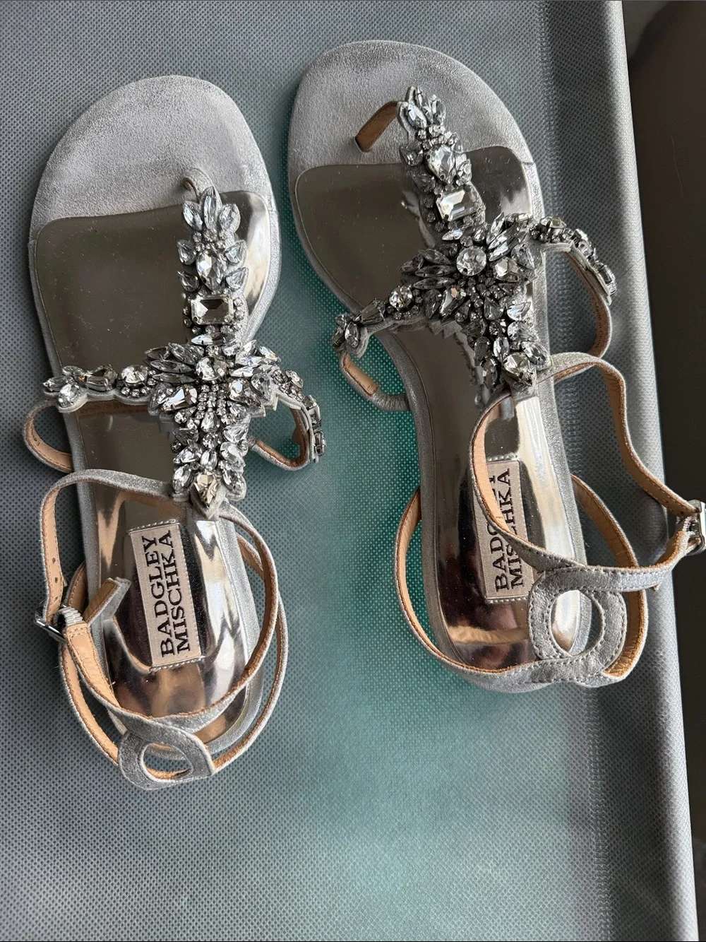 Badgley Mischka Silver Crystal Embellished T-Strap Sandals - Picture 3 of 6